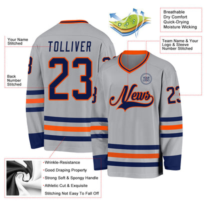 Custom Gray Navy-Orange Hockey Jersey - Sky-Custom