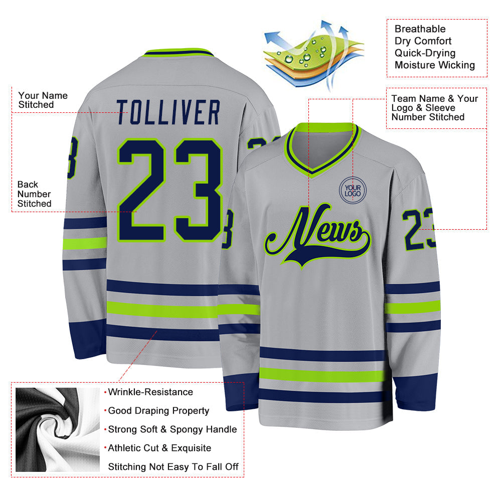 Custom Gray Navy-Neon Green Hockey Jersey - Sky-Custom