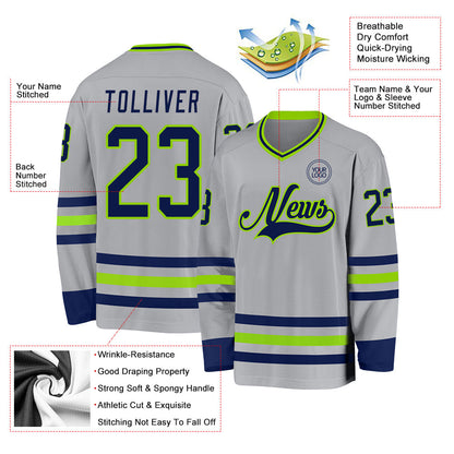 Custom Gray Navy-Neon Green Hockey Jersey - Sky-Custom