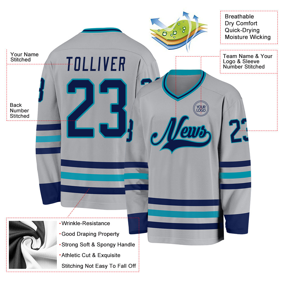 Custom Gray Navy-Teal Hockey Jersey - Sky-Custom