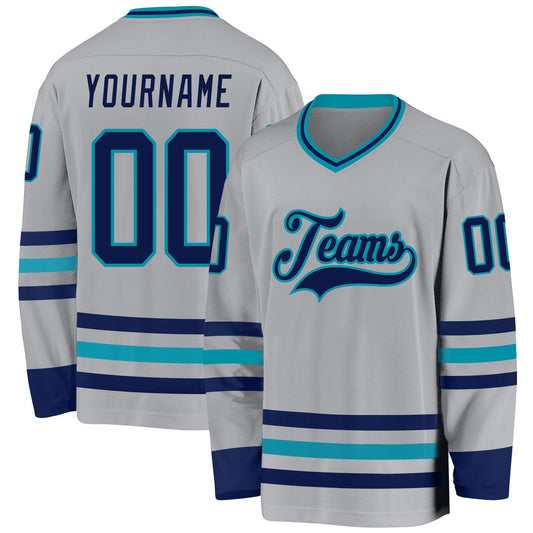Custom Gray Navy-Teal Hockey Jersey - Sky-Custom