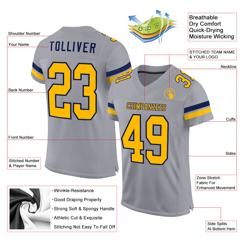 Custom Gray Gold-White Mesh Authentic Football Jersey - Sky-Custom