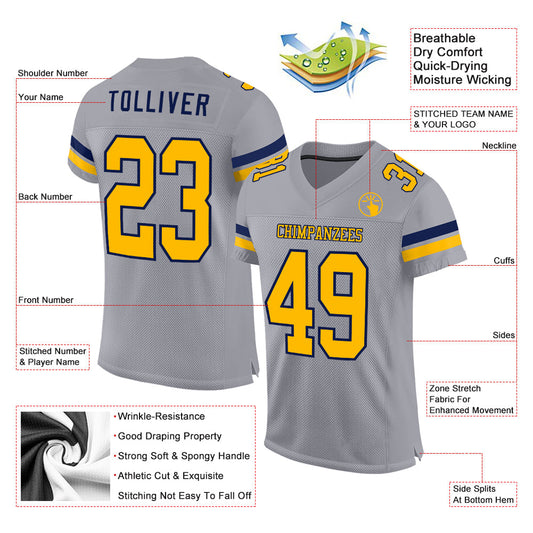 Custom Gray Gold-White Mesh Authentic Football Jersey - Sky-Custom