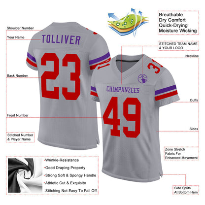 Custom Gray Red-Purple Mesh Authentic Football Jersey - Sky-Custom