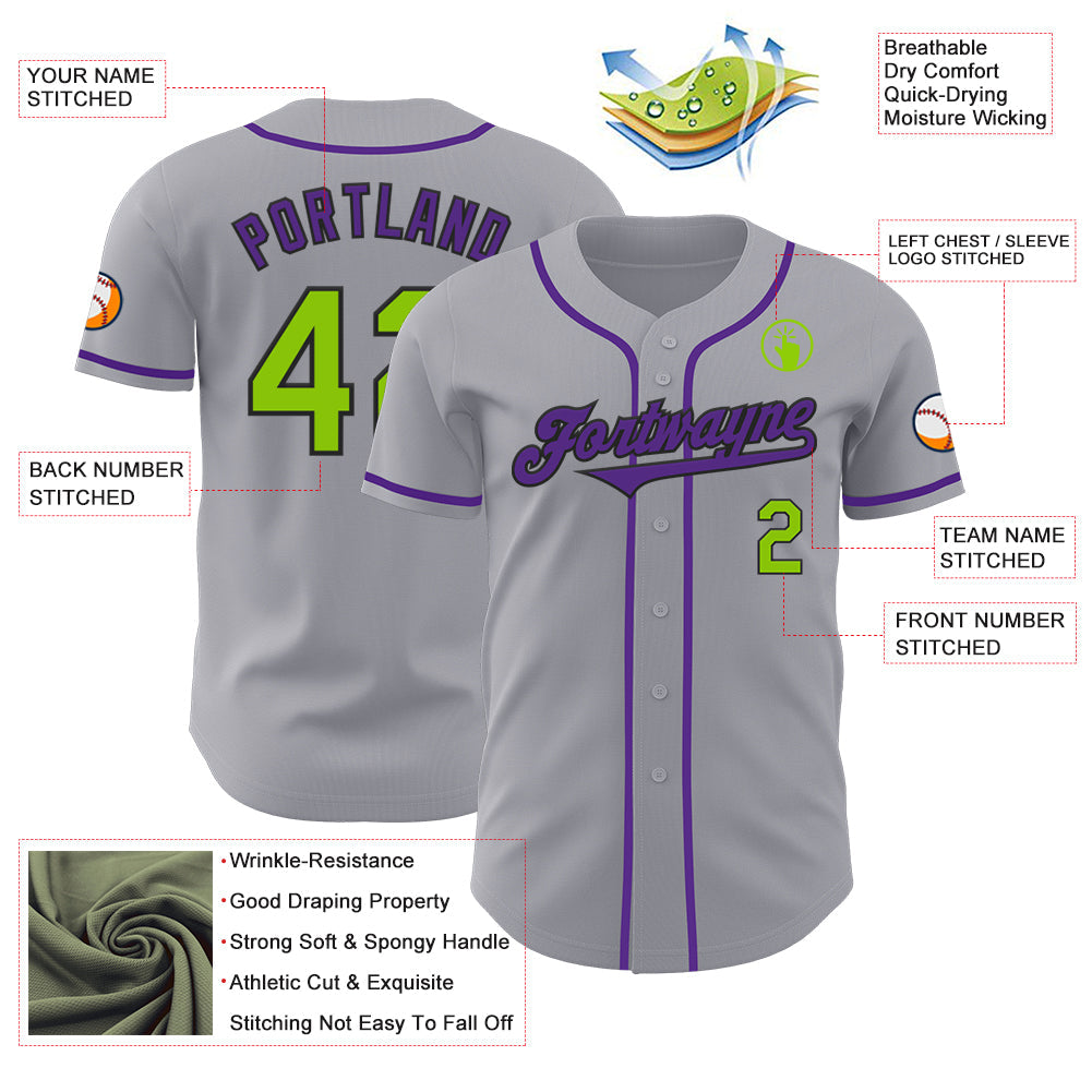Custom Gray Neon Green Black-Purple Authentic Baseball Jersey - Sky-Custom