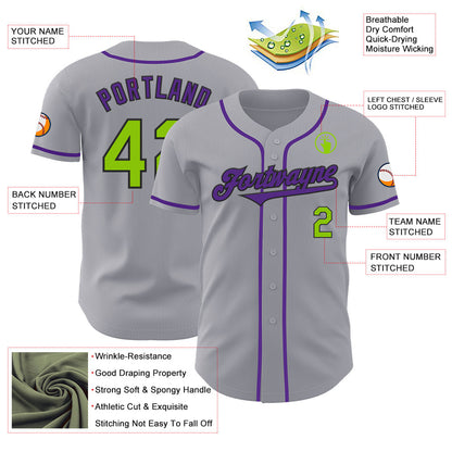 Custom Gray Neon Green Black-Purple Authentic Baseball Jersey - Sky-Custom
