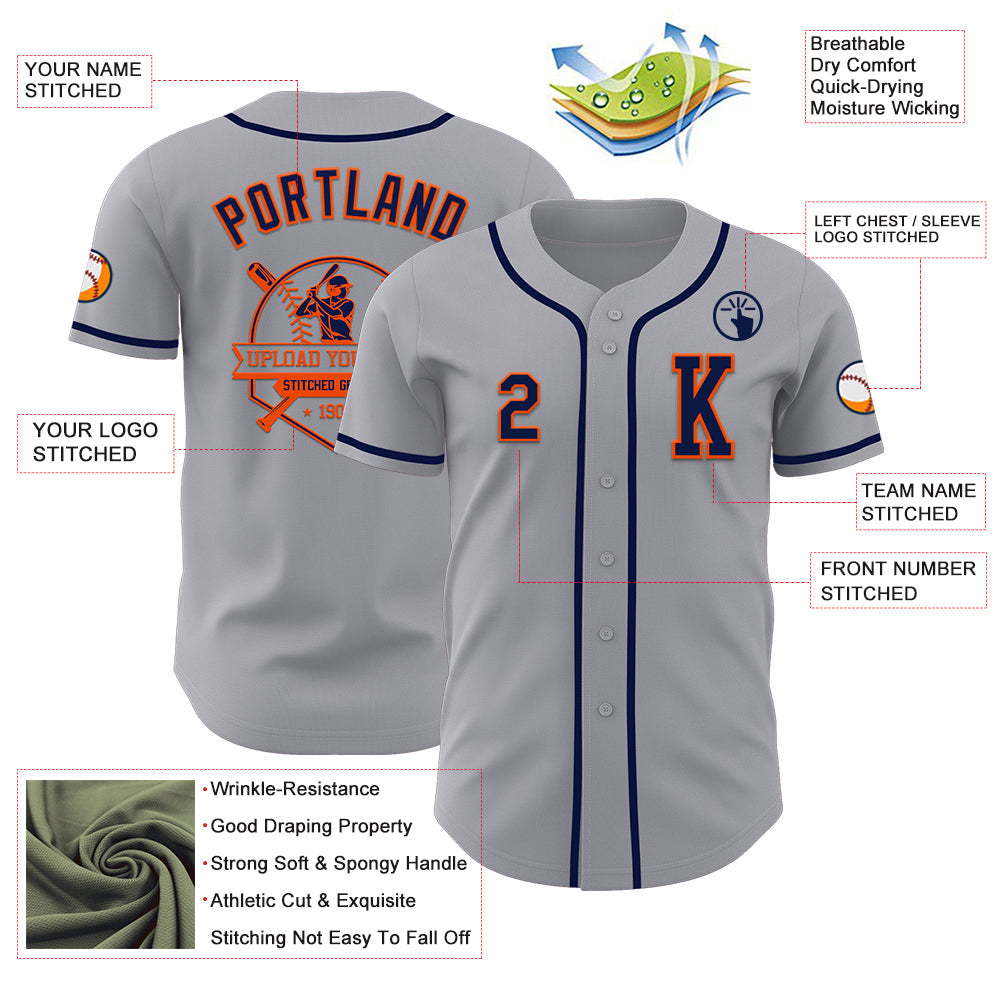 Custom Gray Navy-Orange Authentic Baseball Jersey - Sky-Custom
