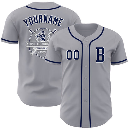Custom Gray Navy-White Authentic Baseball Jersey - Sky-Custom