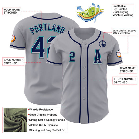 Custom Gray Navy-Teal Authentic Baseball Jersey - Sky-Custom