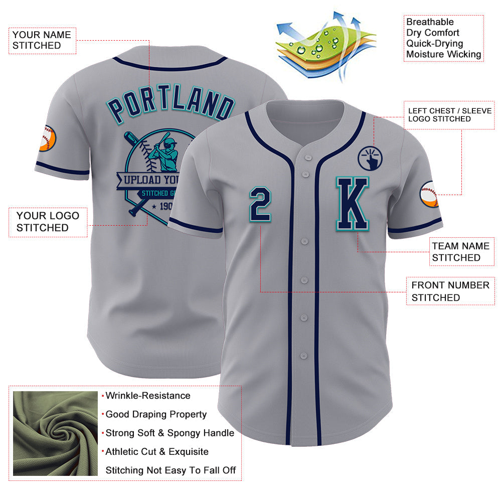Custom Gray Navy-Teal Authentic Baseball Jersey - Sky-Custom