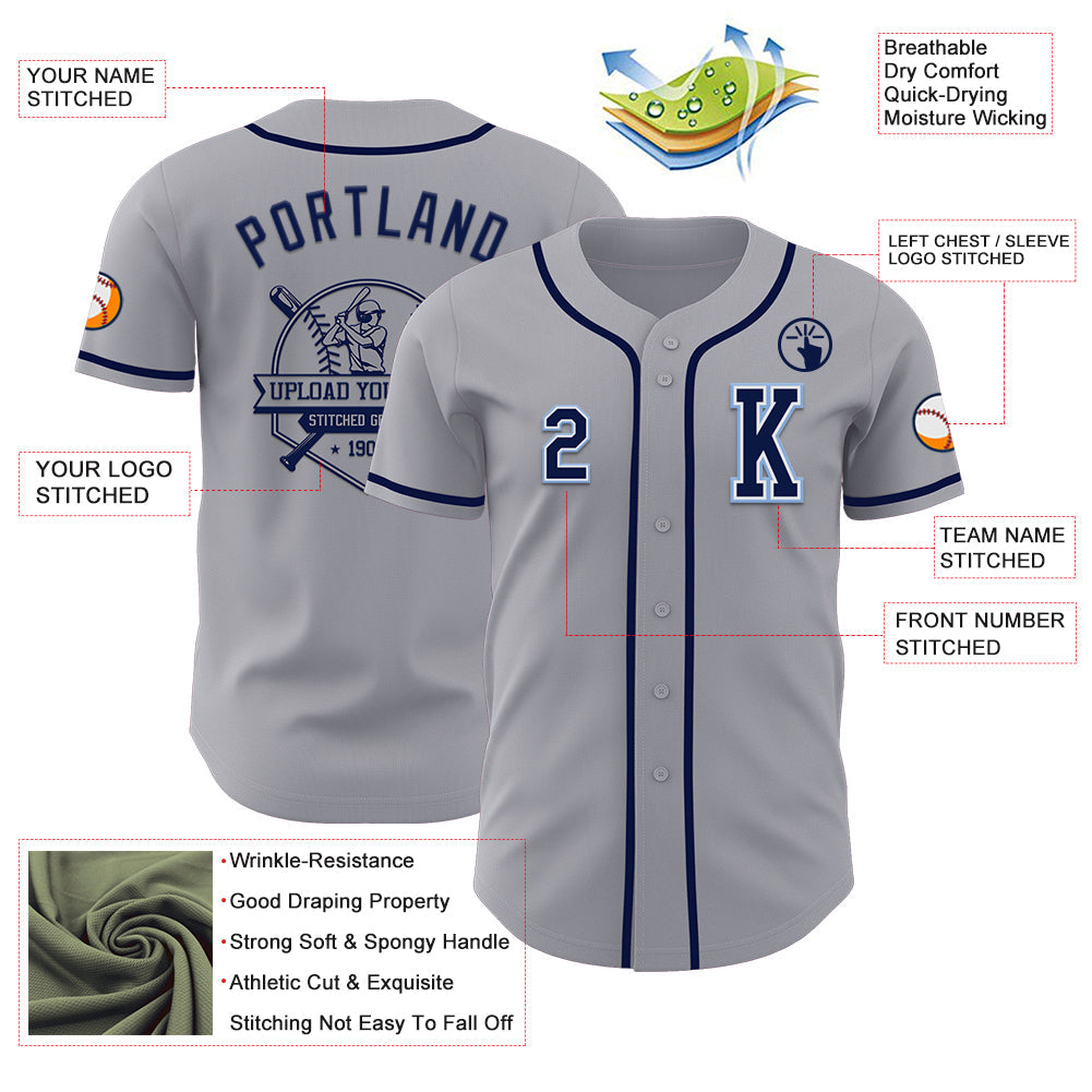 Custom Gray Navy-Light Blue Authentic Baseball Jersey - Sky-Custom