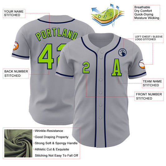 Custom Gray Neon Green-Navy Authentic Baseball Jersey - Sky-Custom