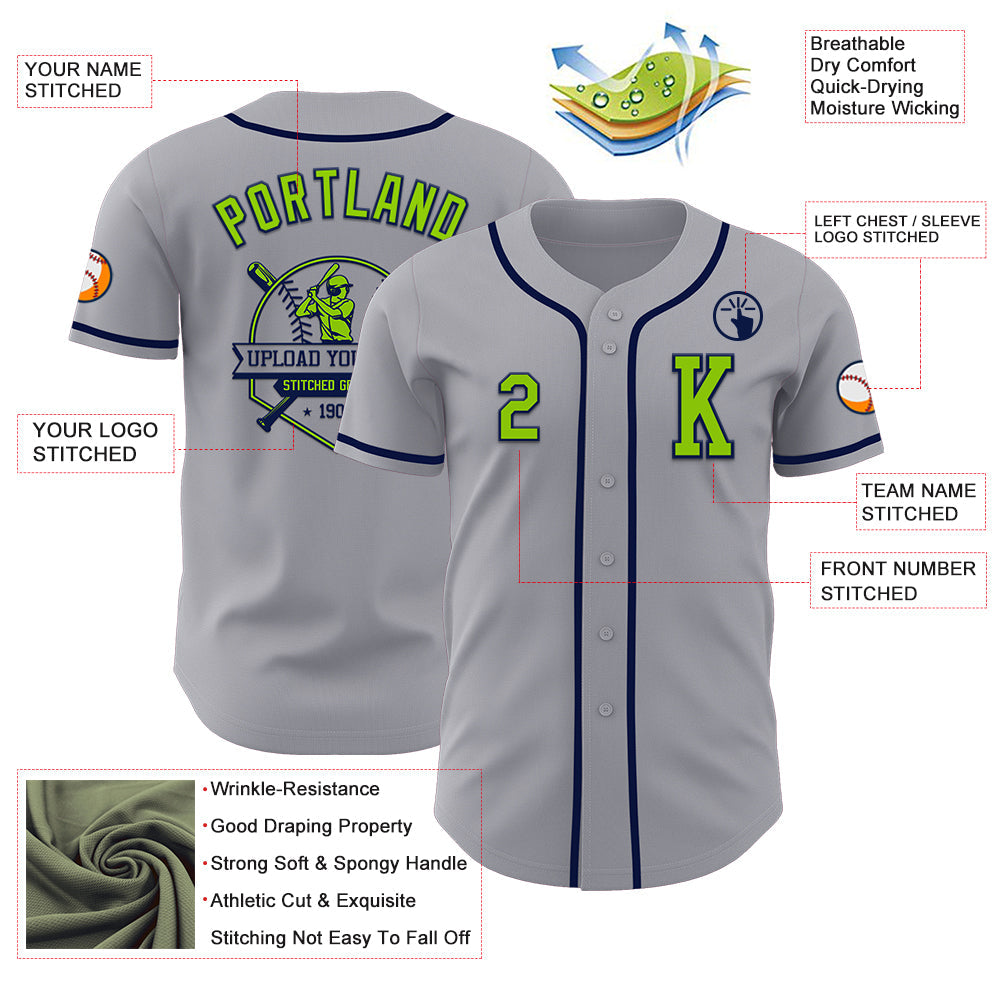 Custom Gray Neon Green-Navy Authentic Baseball Jersey - Sky-Custom