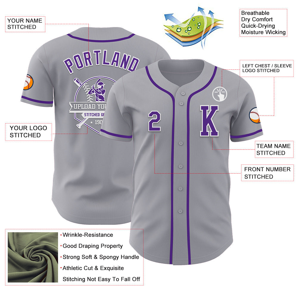 Custom Gray Purple-White Authentic Baseball Jersey - Sky-Custom