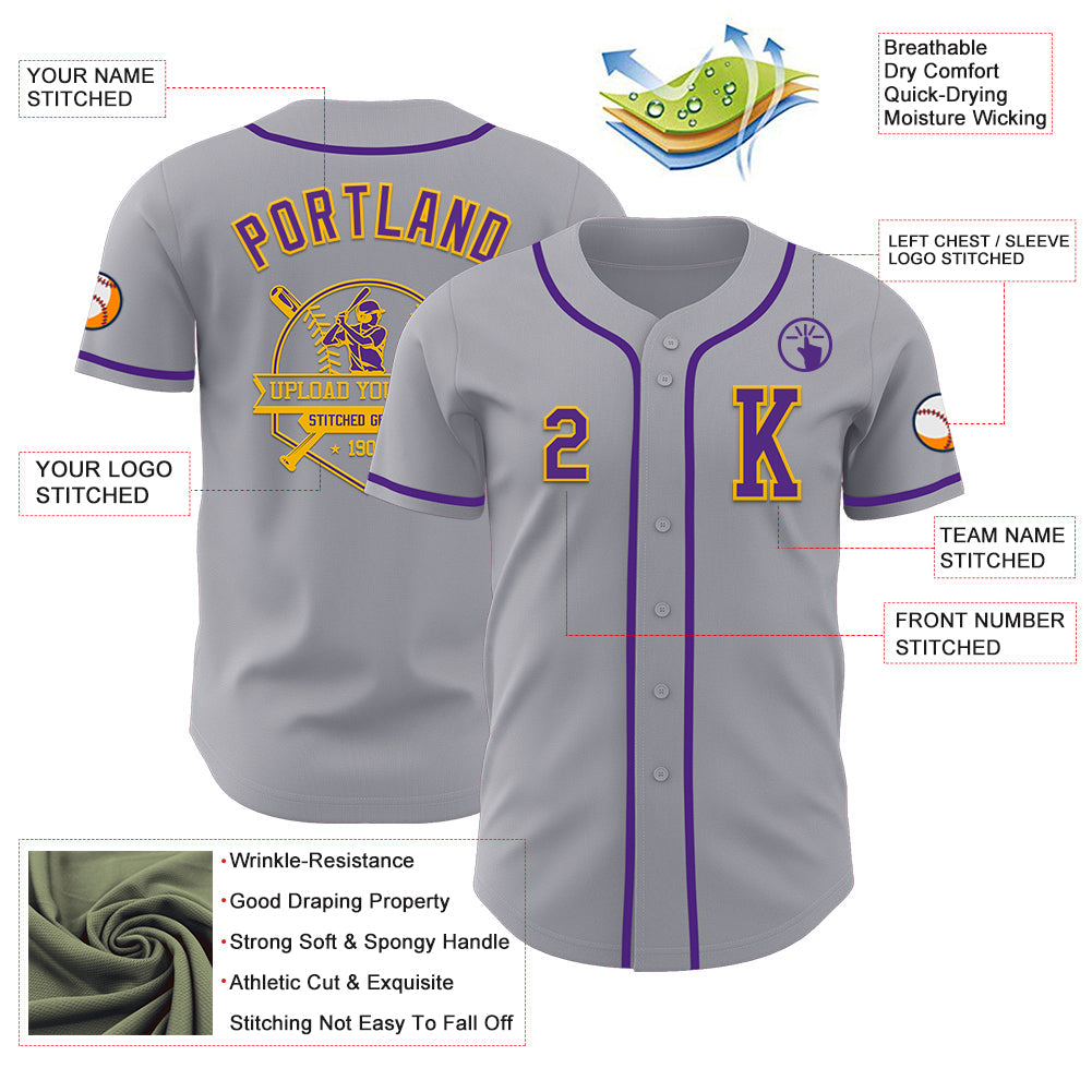 Custom Gray Purple-Gold Authentic Baseball Jersey - Sky-Custom