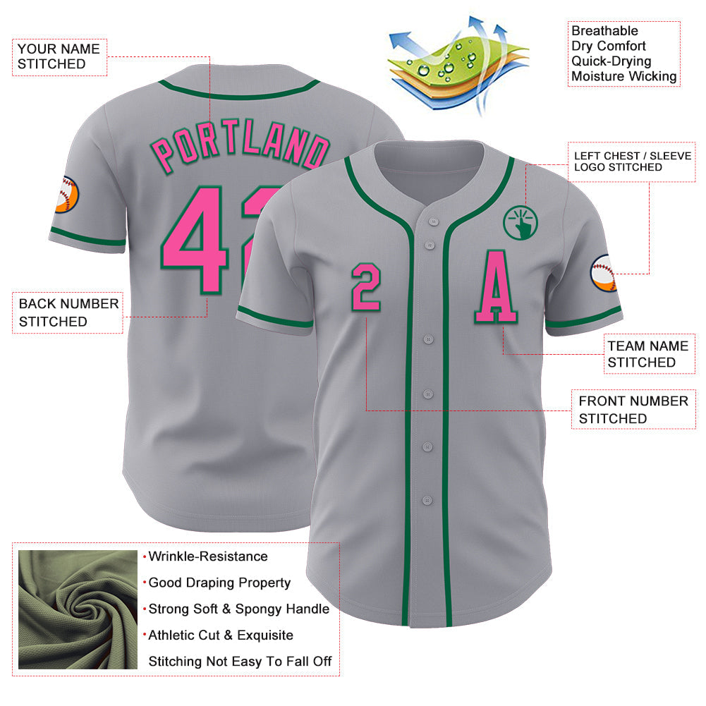 Custom Gray Pink-Kelly Green Authentic Baseball Jersey - Sky-Custom