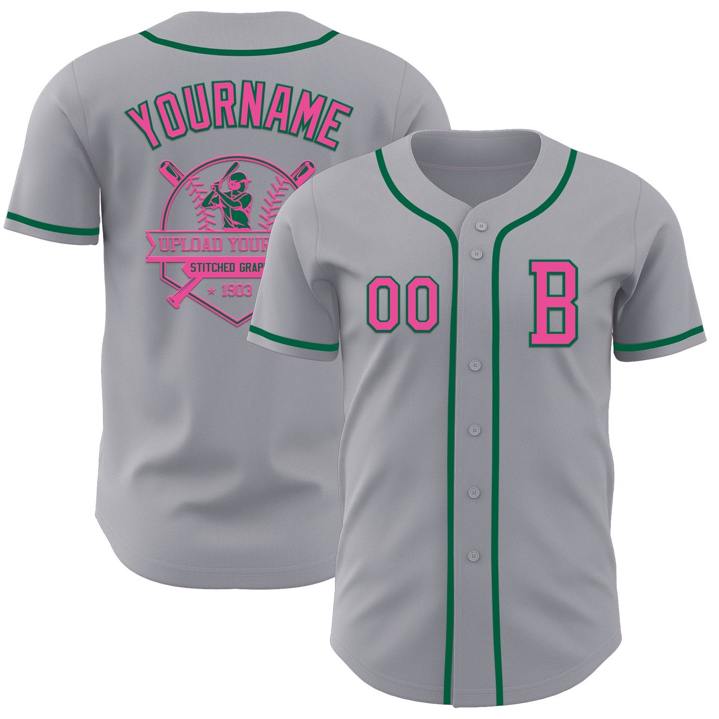 Custom Gray Pink-Kelly Green Authentic Baseball Jersey - Sky-Custom