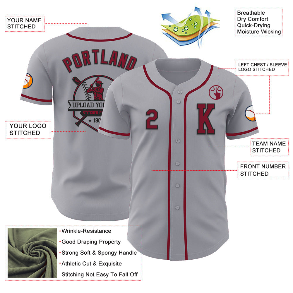 Custom Gray Crimson-Black Authentic Baseball Jersey - Sky-Custom