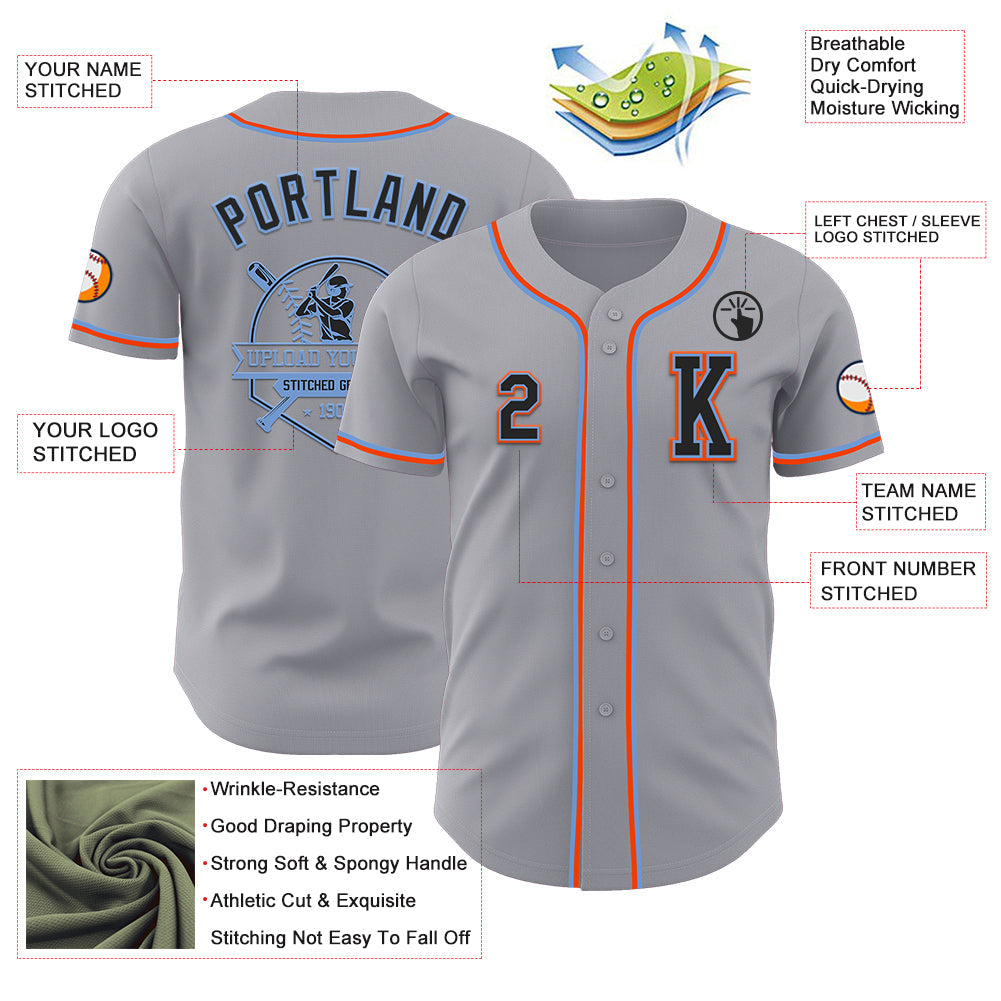 Custom Gray Black Powder Blue-Orange Authentic Baseball Jersey - Sky-Custom