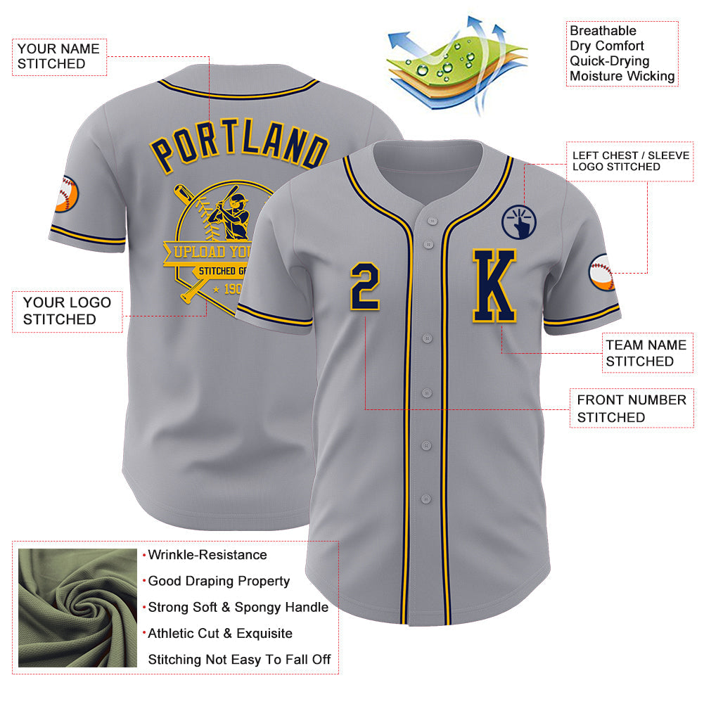 Custom Gray Navy-Gold Authentic Baseball Jersey - Sky-Custom
