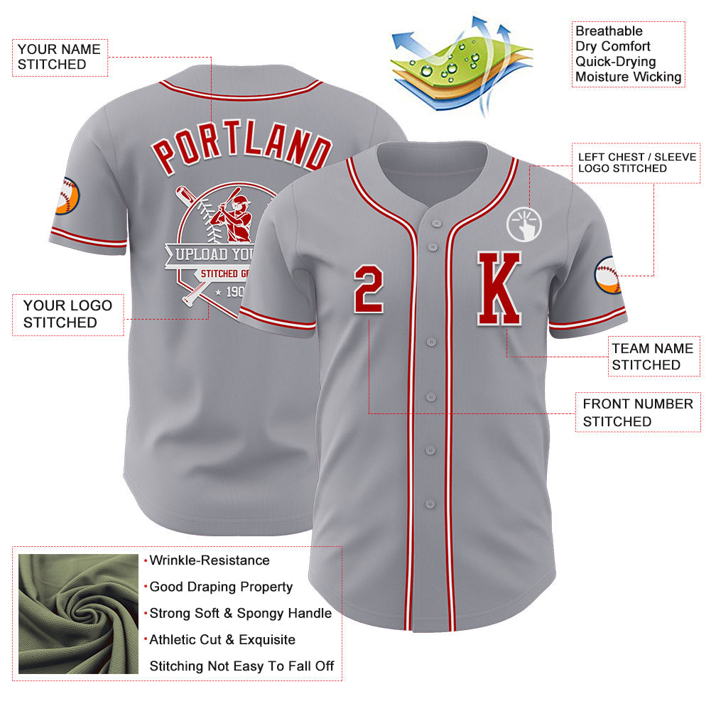 Custom Gray Red-White Authentic Baseball Jersey - Sky-Custom