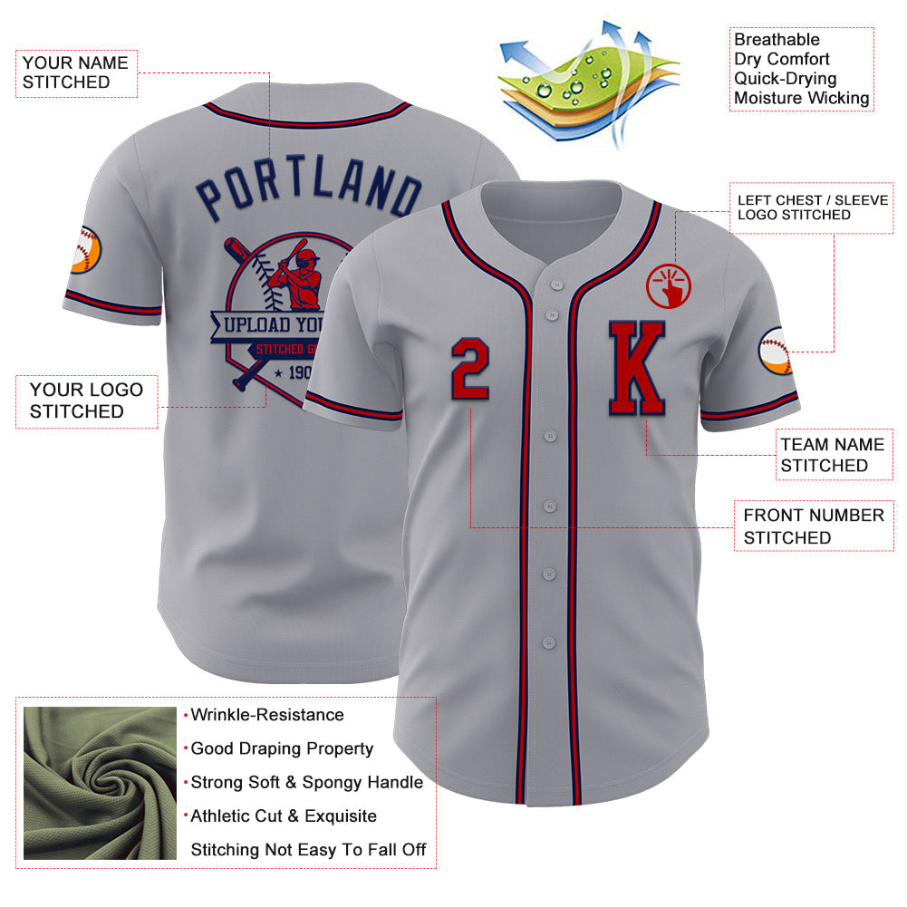 Custom Gray Red-Navy Authentic Baseball Jersey - Sky-Custom