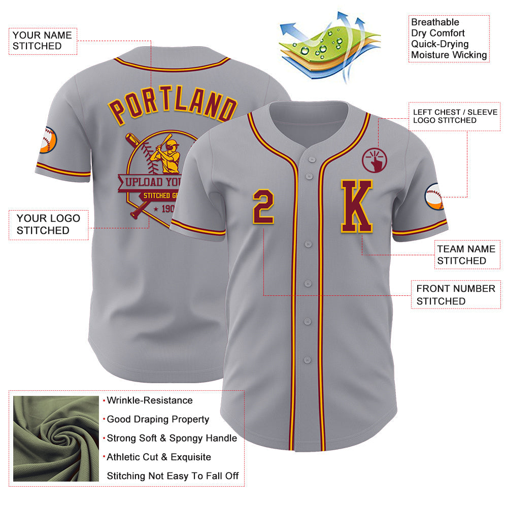 Custom Gray Crimson-Gold Authentic Baseball Jersey - Sky-Custom