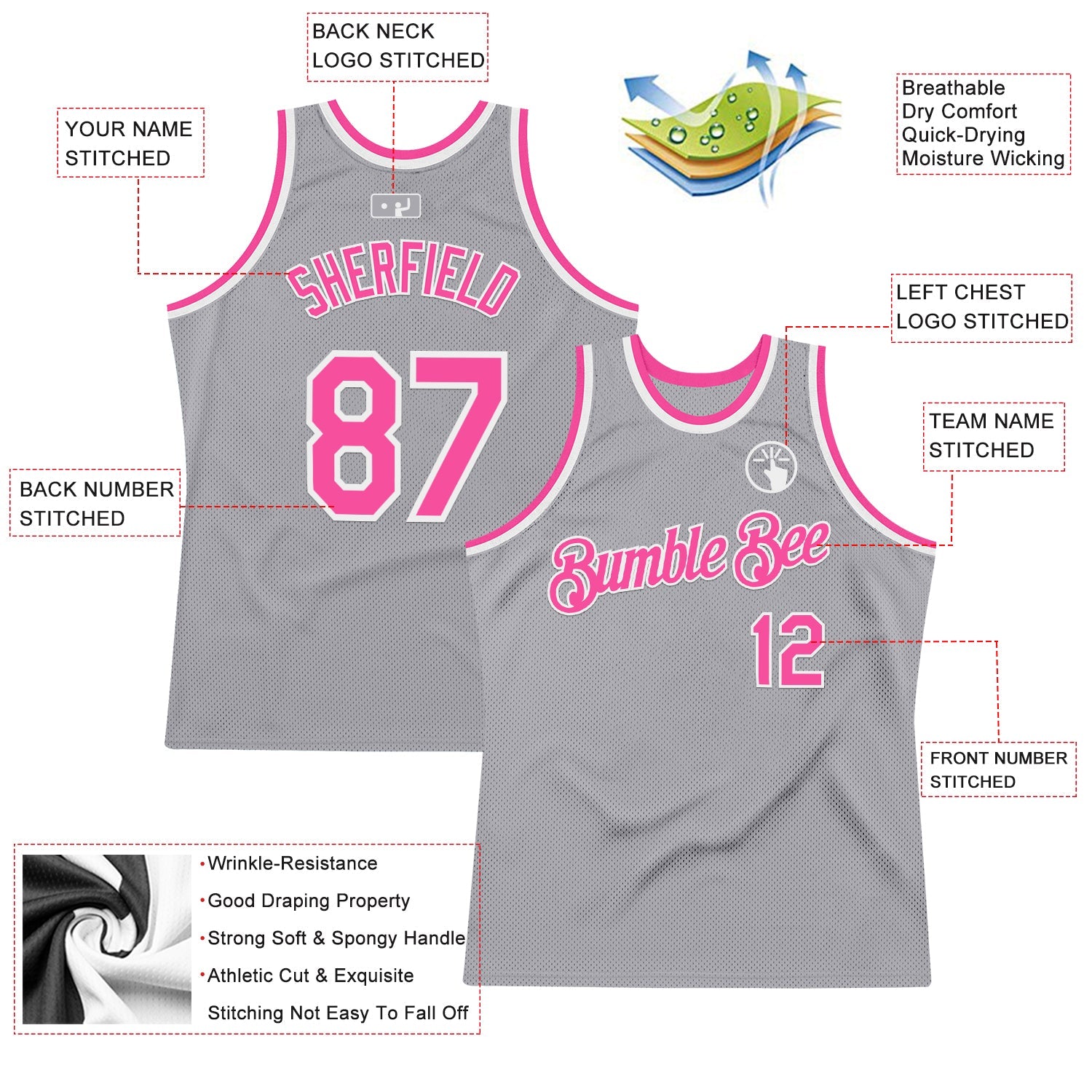 Custom Gray Pink-White Authentic Throwback Basketball Jersey - Sky-Custom