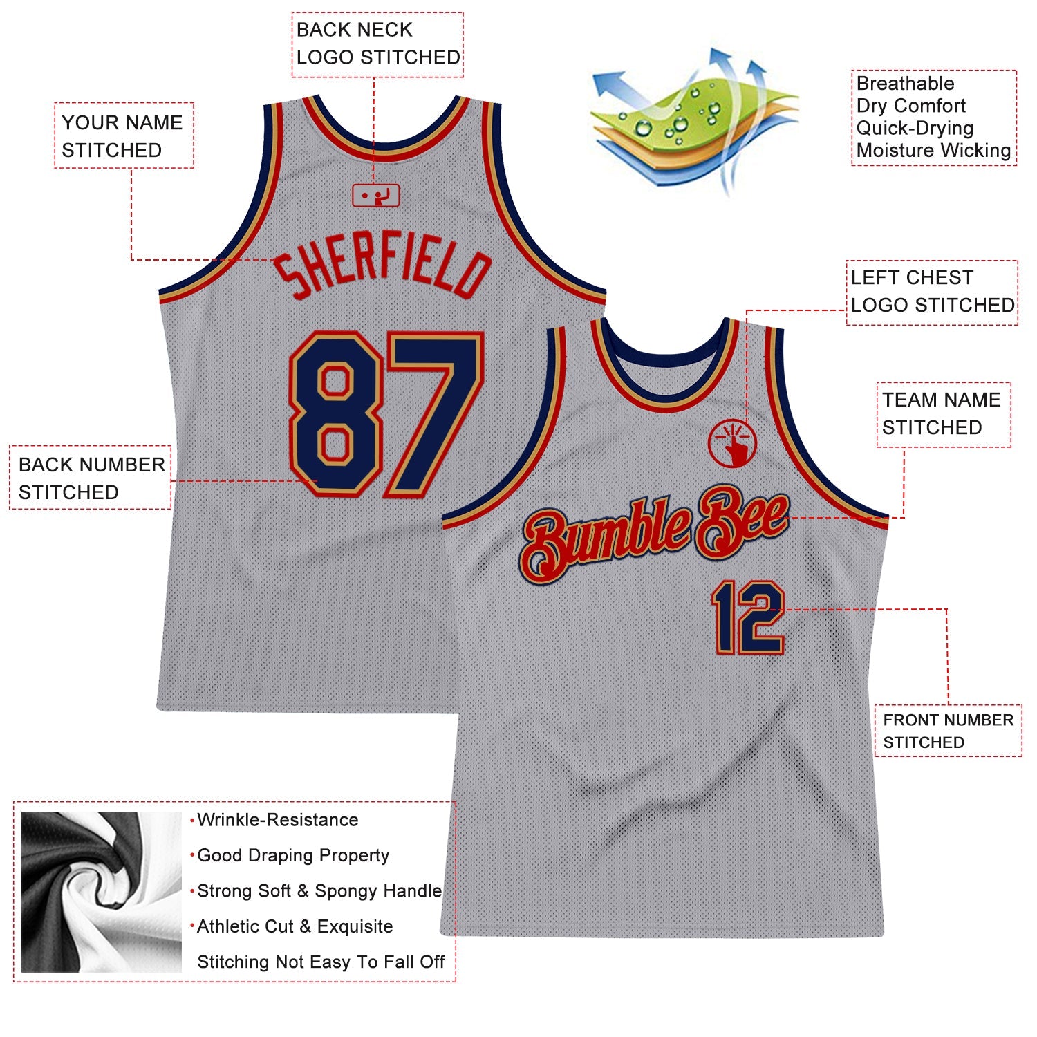 Custom Gray Navy Old Gold-Red Authentic Throwback Basketball Jersey - Sky-Custom