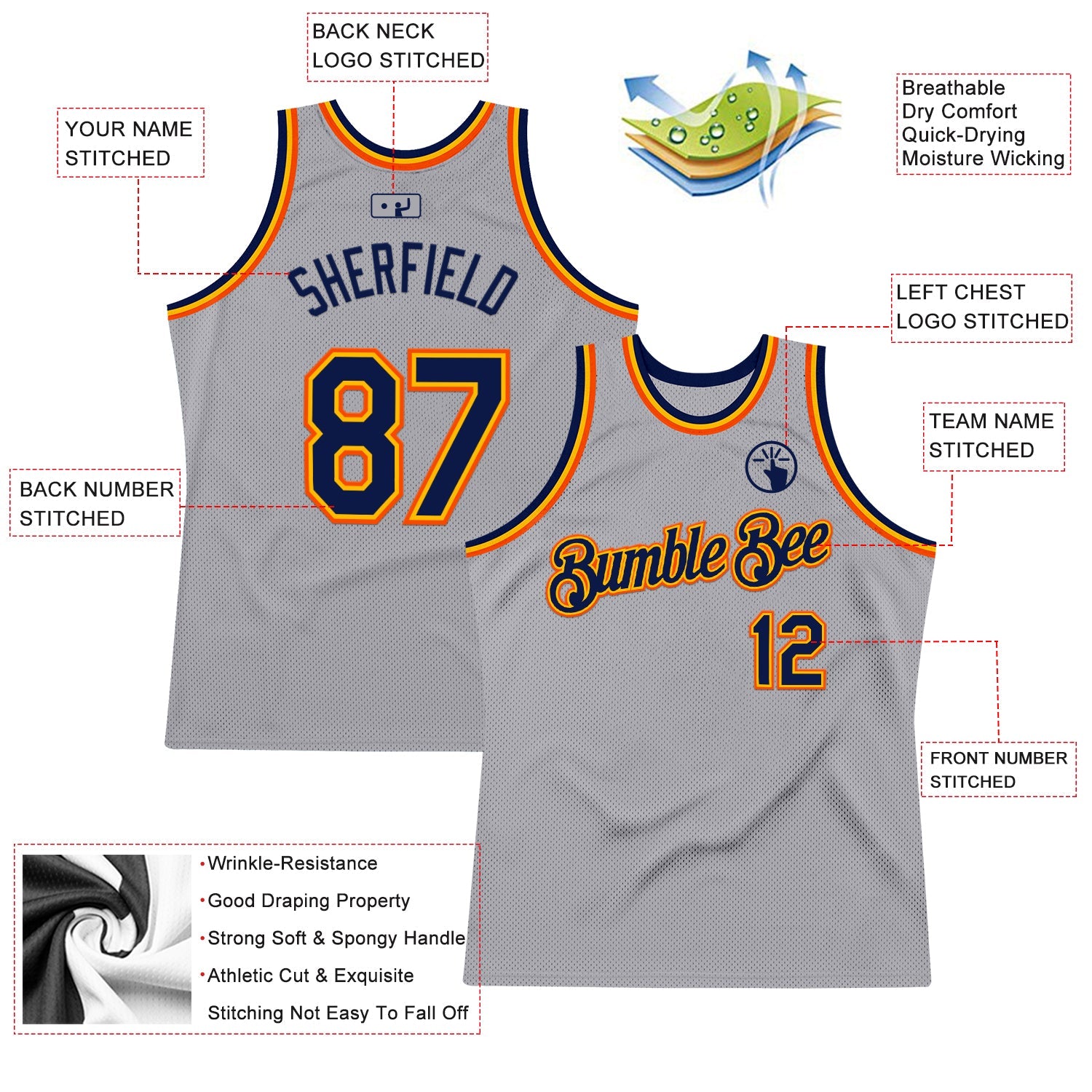 Custom Gray Navy Gold-Orange Authentic Throwback Basketball Jersey - Sky-Custom