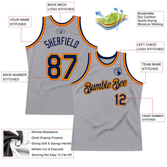 Custom Gray Navy Gold-Orange Authentic Throwback Basketball Jersey - Sky-Custom
