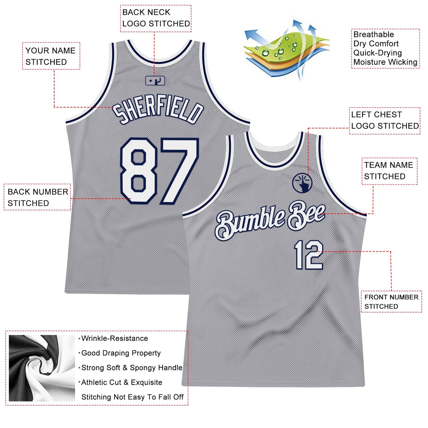 Custom Gray White-Navy Authentic Throwback Basketball Jersey - Sky-Custom