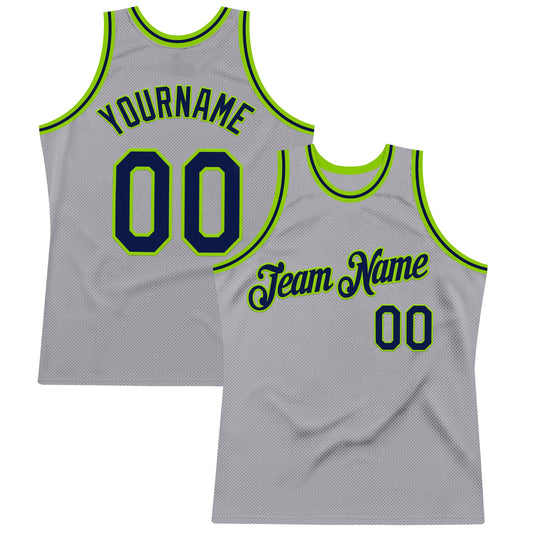 Custom Gray Navy-Neon Green Authentic Throwback Basketball Jersey - Sky-Custom