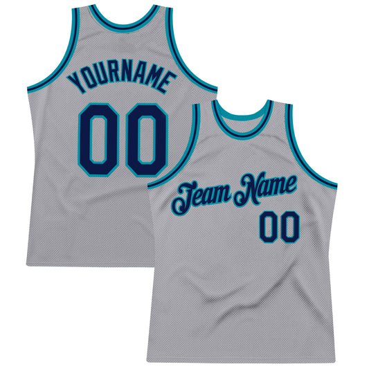 Custom Gray Navy-Teal Authentic Throwback Basketball Jersey - Sky-Custom