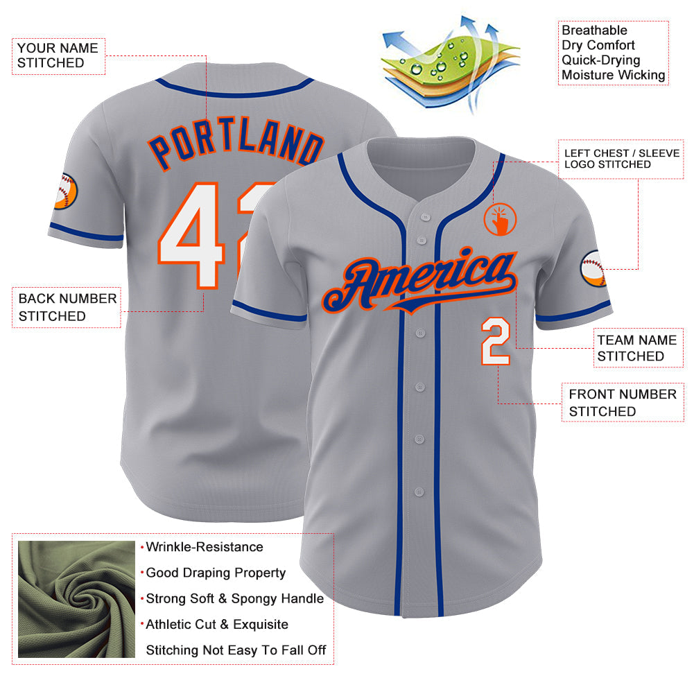 Custom Gray White Orange-Royal Authentic Baseball Jersey - Sky-Custom