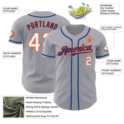 Custom Gray White Orange-Royal Authentic Baseball Jersey - Sky-Custom