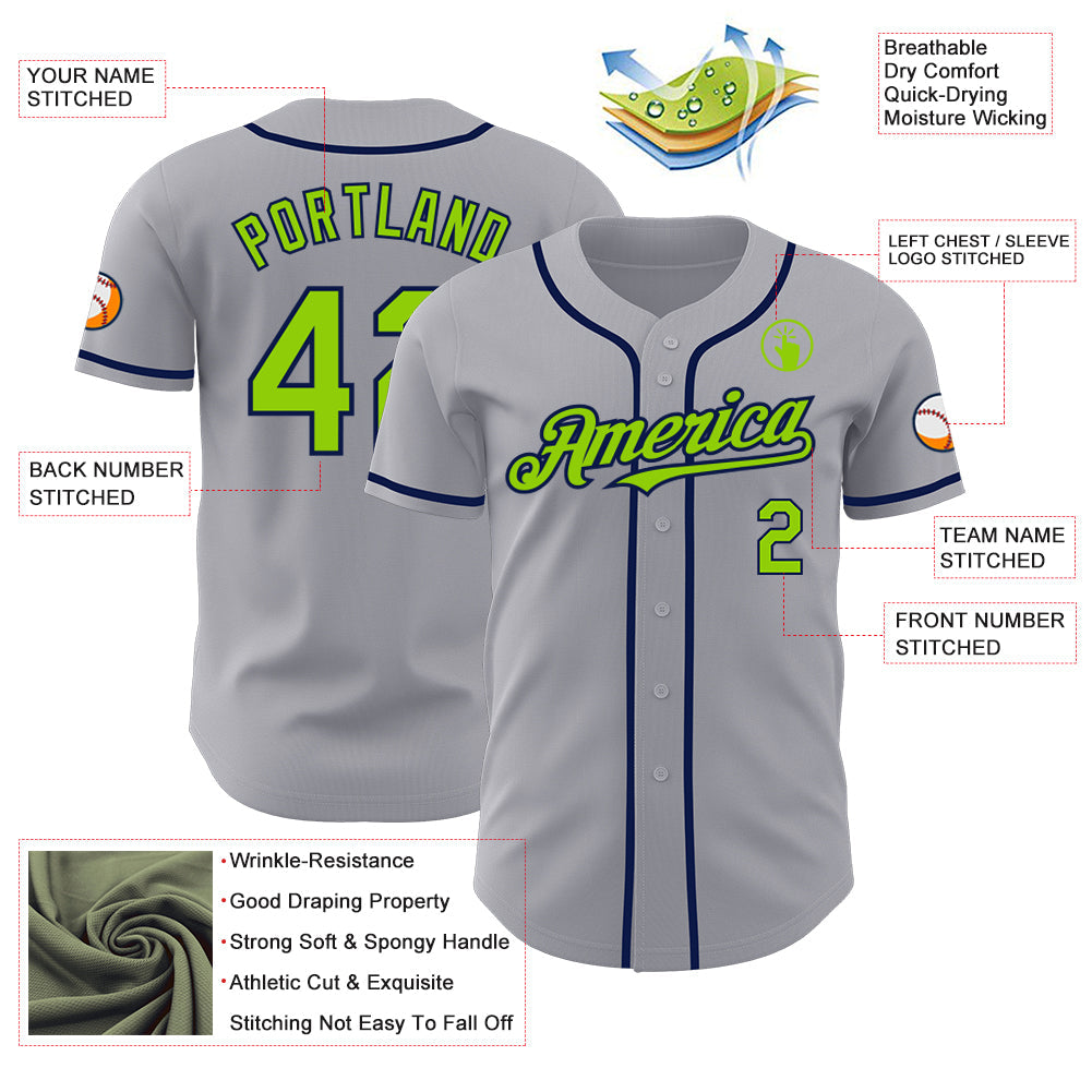 Custom Gray Neon Green-Navy Authentic Baseball Jersey - Sky-Custom