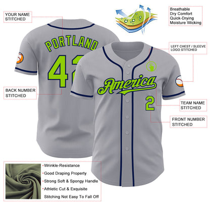Custom Gray Neon Green-Navy Authentic Baseball Jersey - Sky-Custom