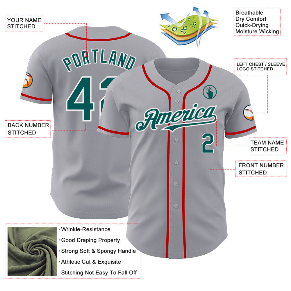 Custom Gray Midnight Green White-Red Authentic Baseball Jersey - Sky-Custom