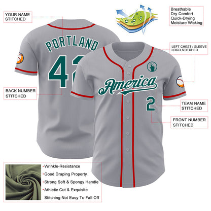 Custom Gray Midnight Green White-Red Authentic Baseball Jersey - Sky-Custom