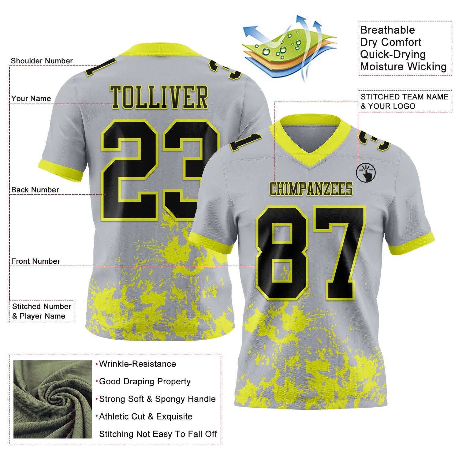 Custom Gray Black-Neon Yellow Splash Mesh Authentic Football Jersey - Sky-Custom