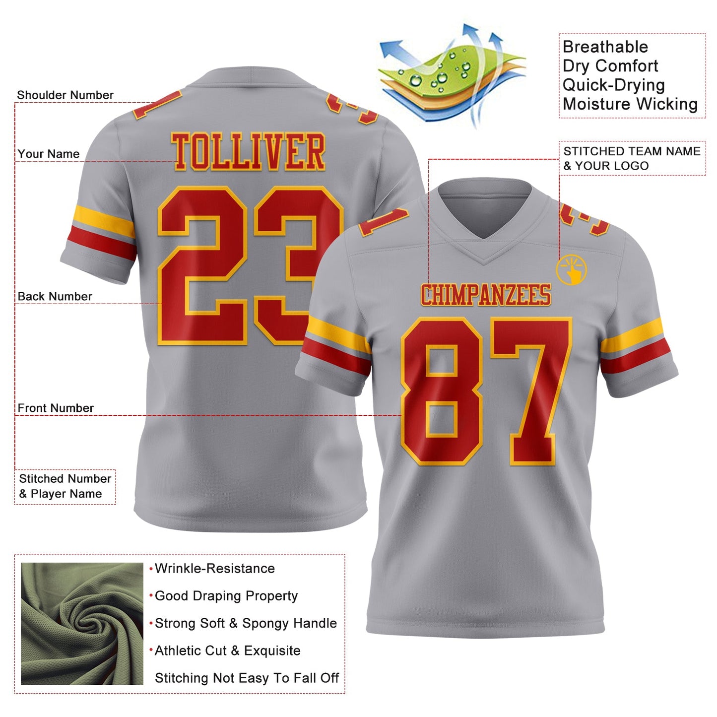 Custom Gray Red-Gold Mesh Authentic Football Jersey - Sky-Custom