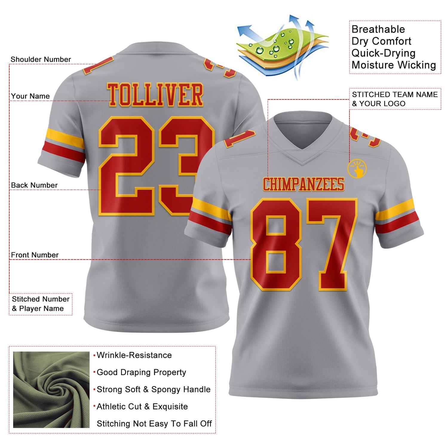 Custom Gray Red-Gold Mesh Authentic Football Jersey - Sky-Custom