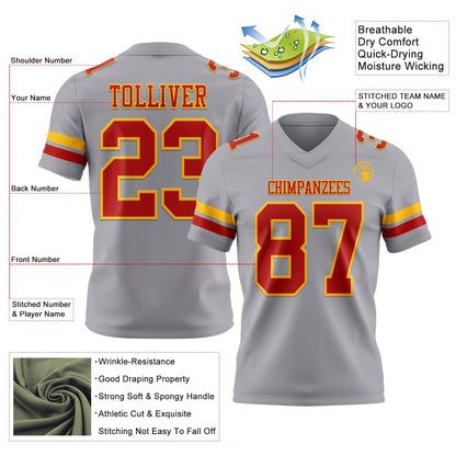 Custom Gray Red-Gold Mesh Authentic Football Jersey - Sky-Custom