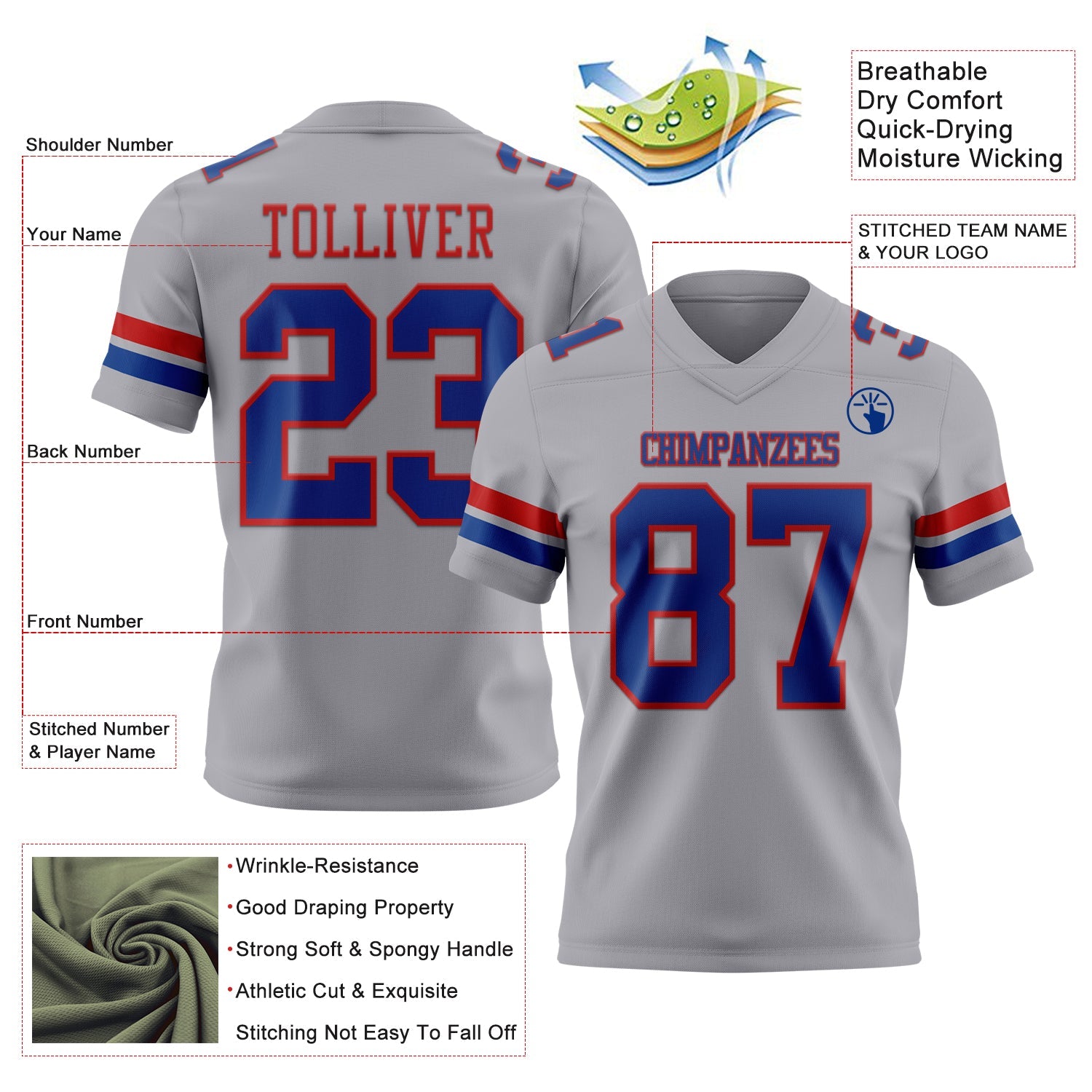 Custom Gray Royal-Red Mesh Authentic Football Jersey - Sky-Custom