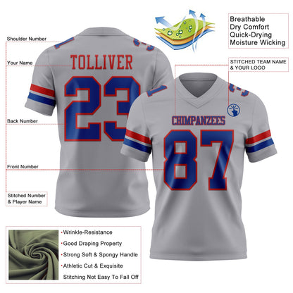 Custom Gray Royal-Red Mesh Authentic Football Jersey - Sky-Custom