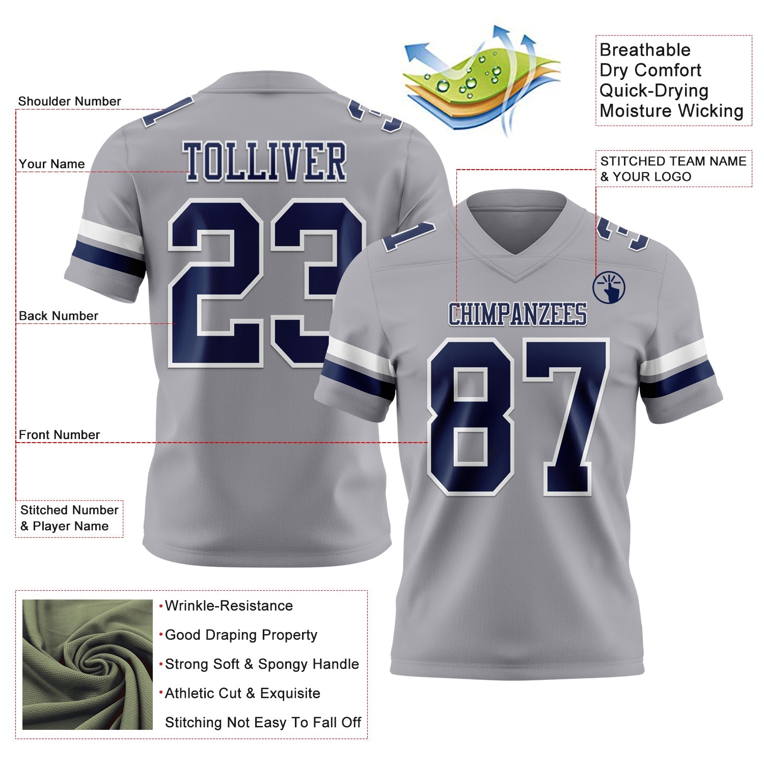 Custom Gray Navy-White Mesh Authentic Football Jersey - Sky-Custom