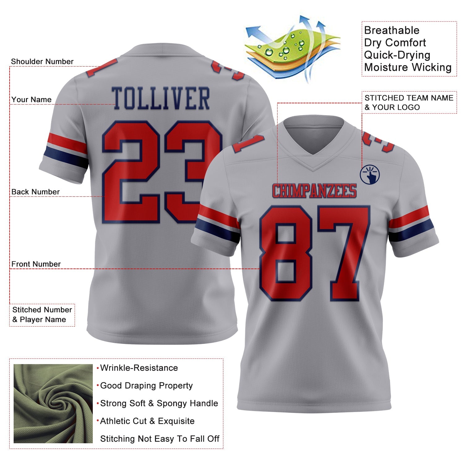 Custom Gray Red-Navy Mesh Authentic Football Jersey - Sky-Custom