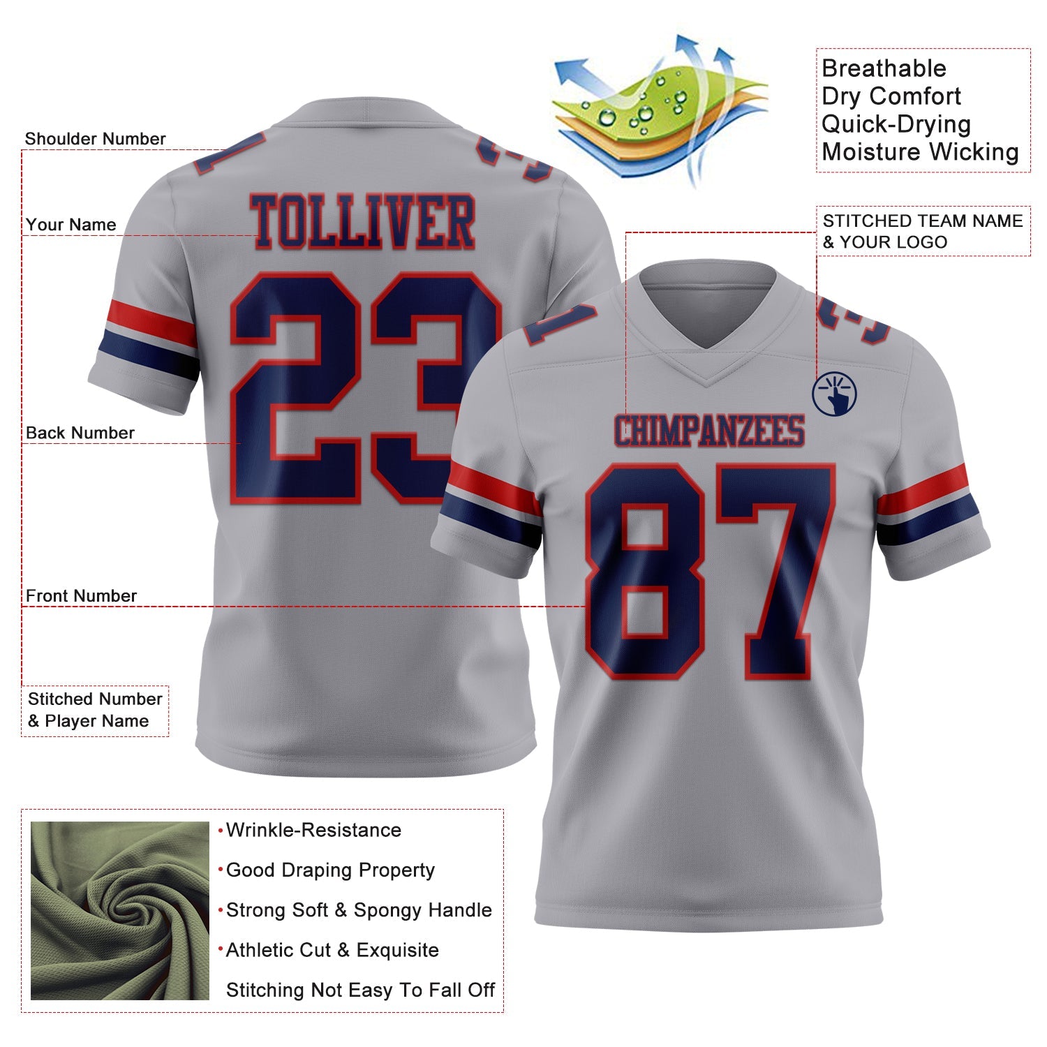 Custom Gray Navy-Red Mesh Authentic Football Jersey - Sky-Custom