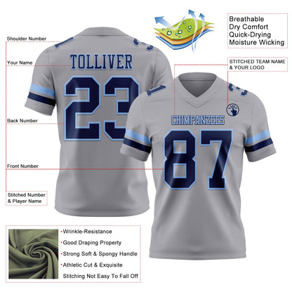 Custom Gray Navy-Light Blue Mesh Authentic Football Jersey - Sky-Custom